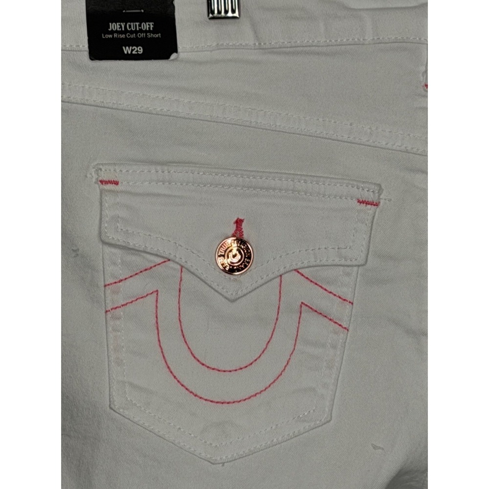 True Religion Joey Cut Off Shorts White Pink Stitch Low Rise Flap Pocket W29 NWT - Picture 8 of 16